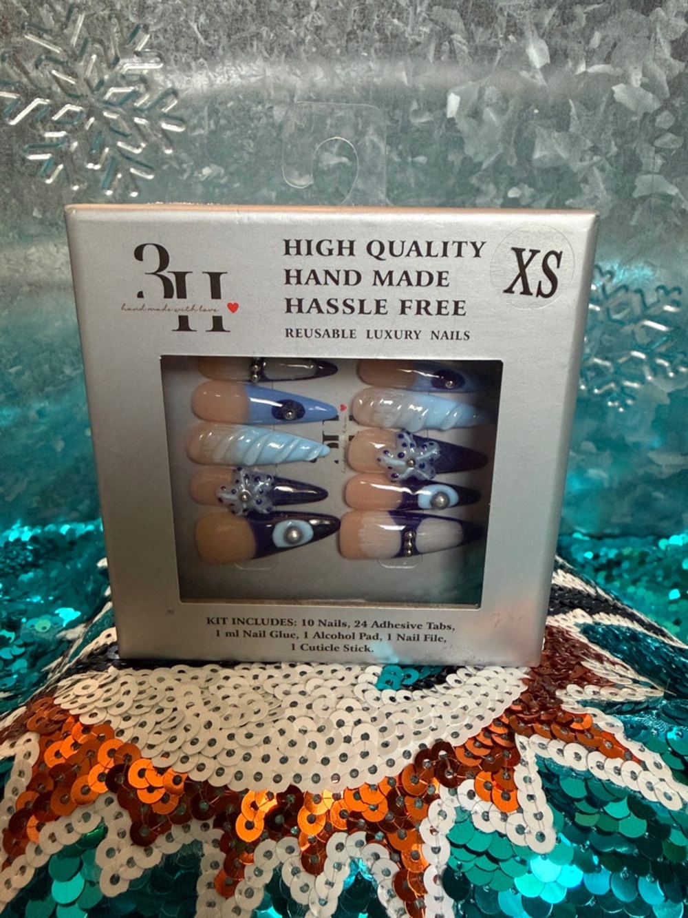 High Quality Hand Made Reusable Nails - Blue and Nude XS